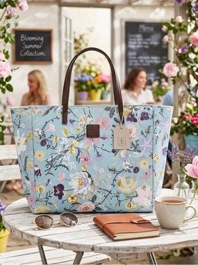Gucci Floral Print Tote Bag in Light Blue with Brown Handles